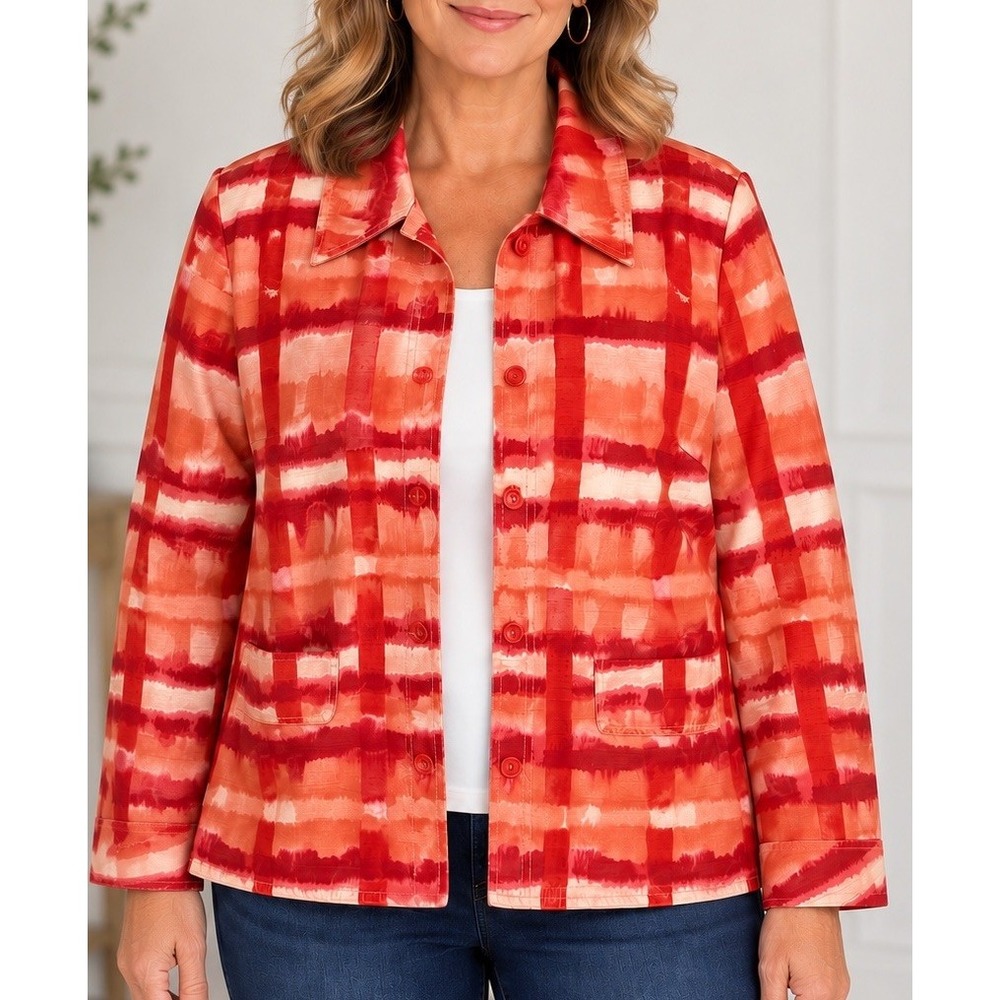 Susan Graver Jacket 1X Red Orange Pink Watercolor Plaid Button Front Lined